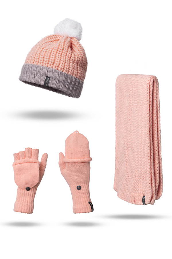 В'язаний комплект жіночий (шапка шарф мітенки) Freever GF 20311 рожевий - freever.ua