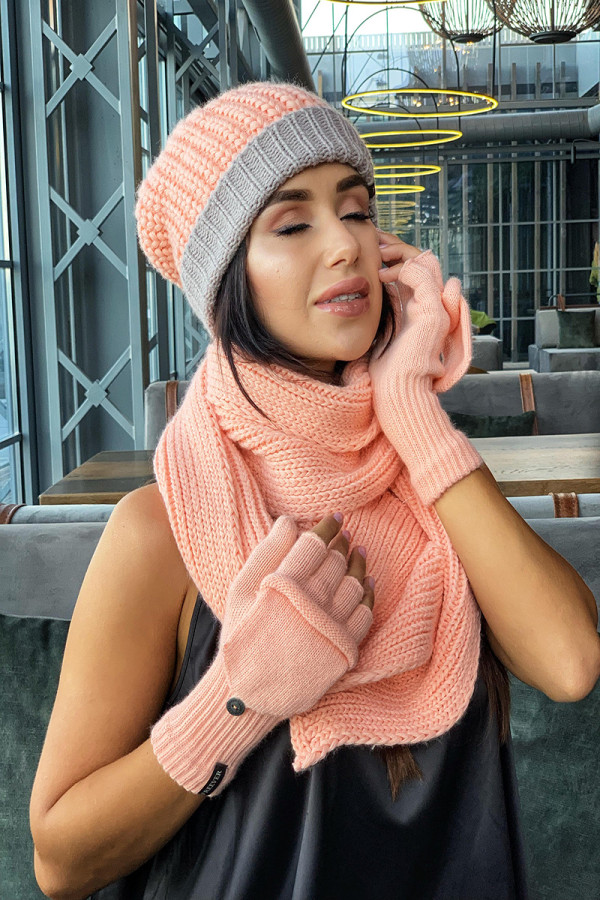 В'язаний комплект жіночий (шапка шарф мітенки) Freever GF 20311 рожевий, Фото №4 - freever.ua