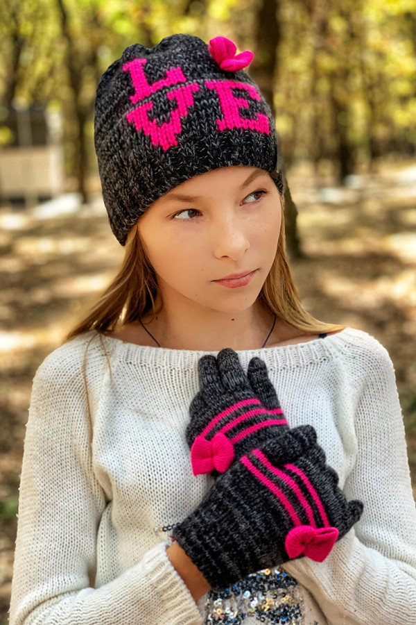 В'язаний комплект для дівчинки (шапка рукавички) Freever GF 20330 темно-сірий, Фото №3 - freever.ua