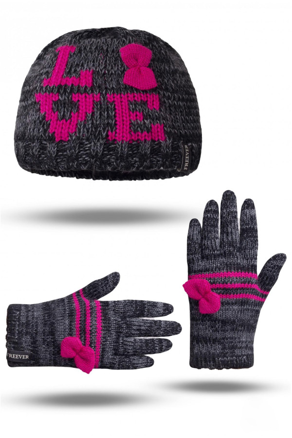 В'язаний комплект для дівчинки (шапка рукавички) Freever GF 20330 темно-сірий - freever.ua