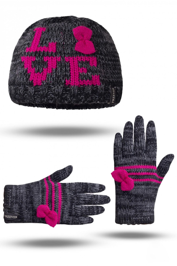 В'язаний комплект для дівчинки (шапка рукавички) Freever GF 20330 темно-сірий