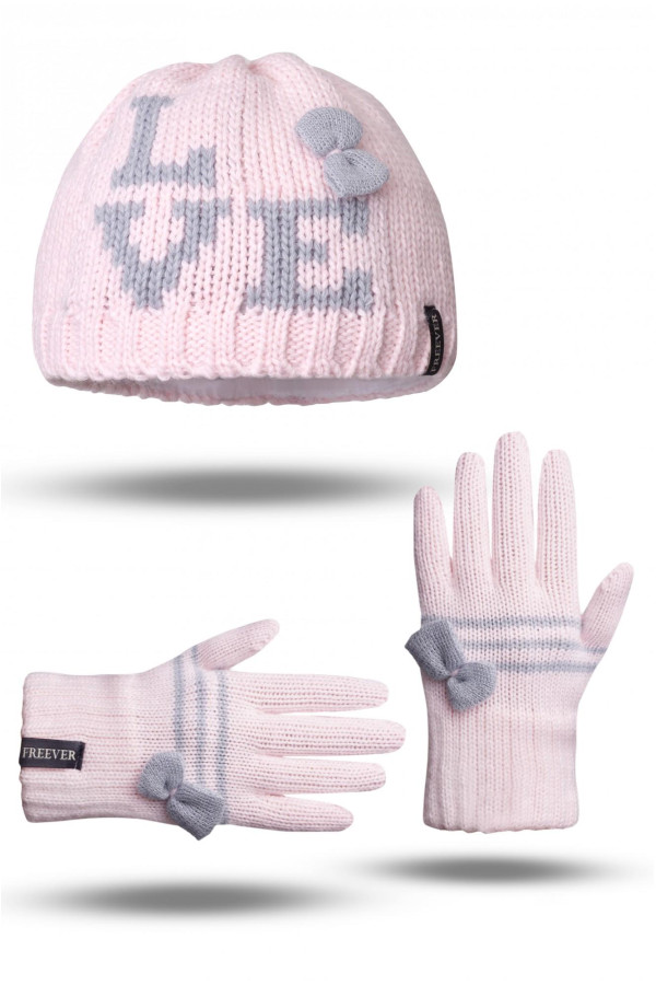 В'язаний комплект для дівчинки (шапка рукавички) Freever GF 20330 рожевий, Фото №2 - freever.ua