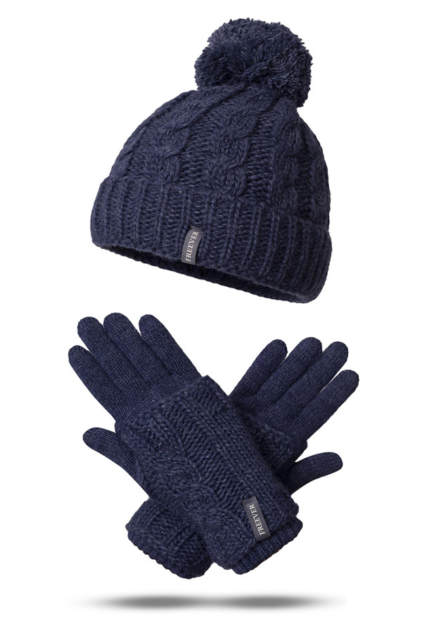 В'язаний комплект для дівчинки (шапка рукавички) Freever GF 20331 темно-синій - freever.ua