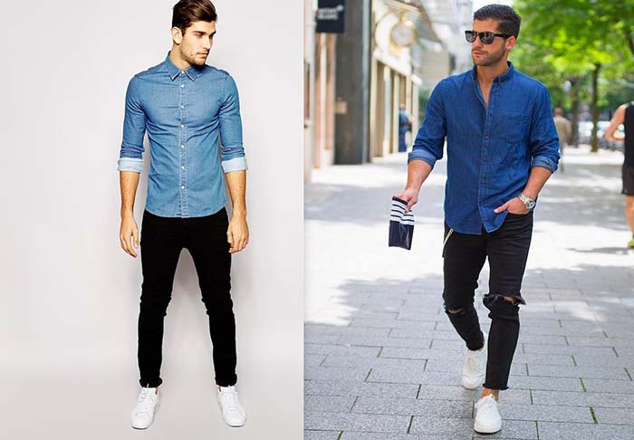 Черные джинсы и синяя рубашка